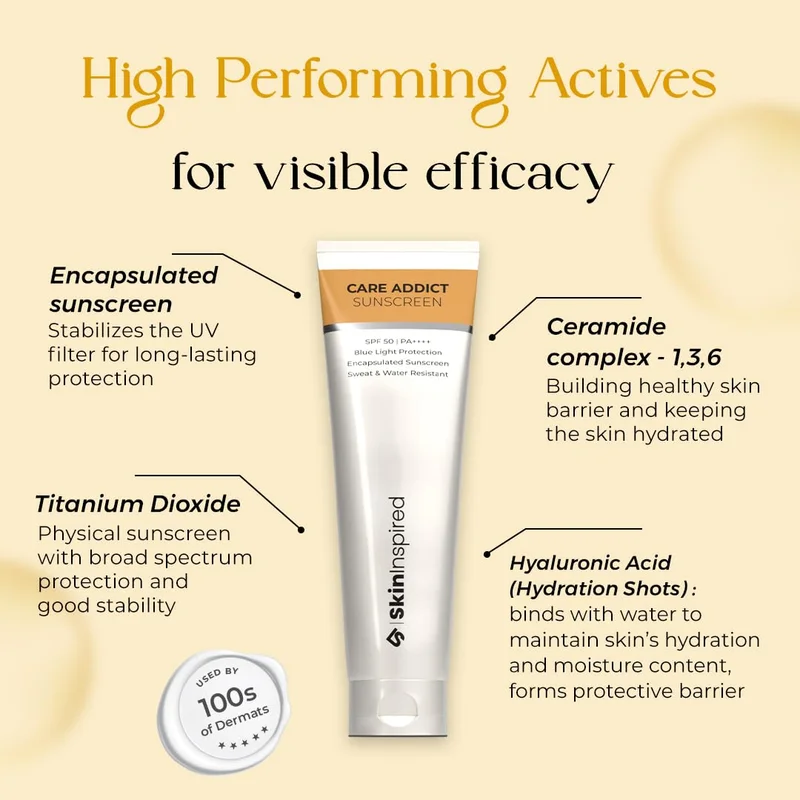 Skininspired Clear SkinInspired Care Addict Hyaluronic Acid Sunscreen SPF 50 For Dry Skin With Pa++++ | Broad Spectrum UV A,UV B & Blue Light Protection | Contains Ceramides | Moisturising sun screen | No White Cast | 150 gm  | Best Price UAE