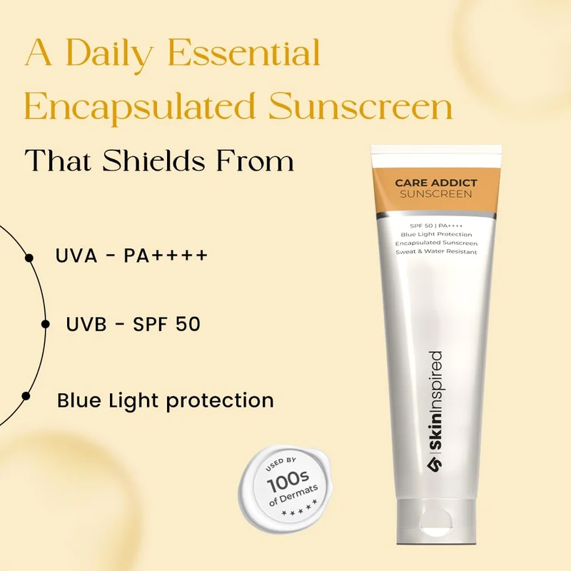مستوحى من البشرة SkinInspired Care Addict Hyaluronic Acid Sunscreen SPF 50 For Dry Skin With Pa++++ | Broad Spectrum UV A,UV B & Blue Light Protection | Contains Ceramides | Moisturising sun screen | No White Cast | 150 gm