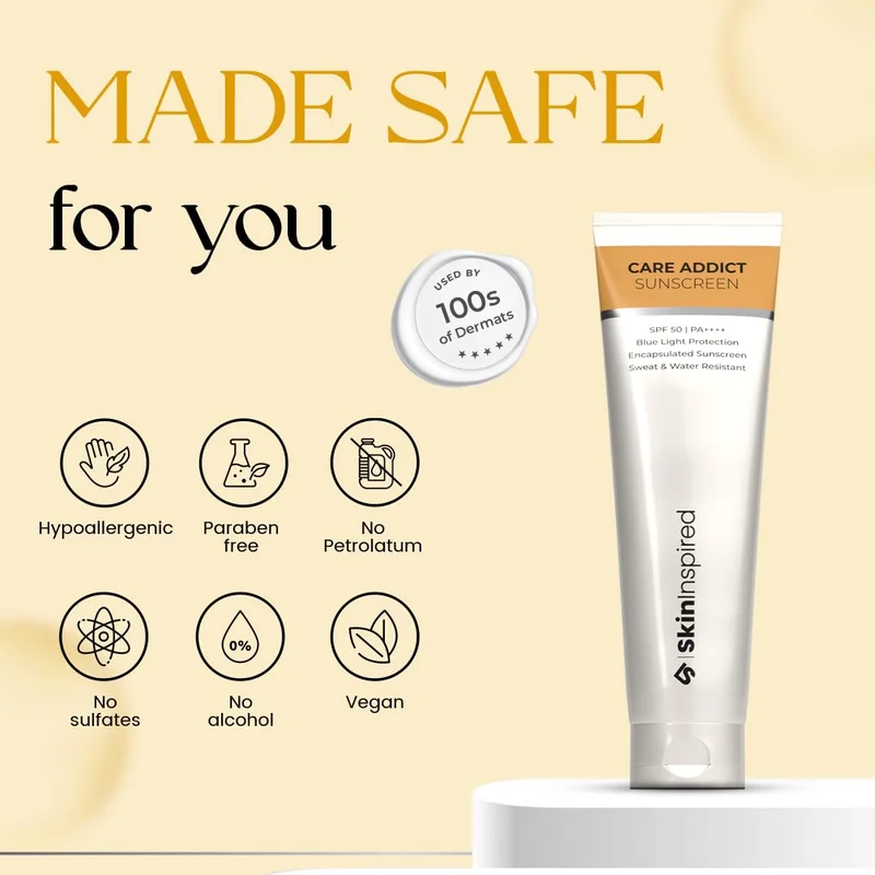 Skininspired Clear SkinInspired Care Addict Hyaluronic Acid Sunscreen SPF 50 For Dry Skin With Pa++++ | Broad Spectrum UV A,UV B & Blue Light Protection | Contains Ceramides | Moisturising sun screen | No White Cast | 150 gm  | Best Price UAE