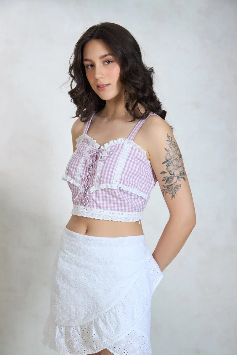 Virgio  VIRGIO 100% Cotton Gingham Tie Lace Detail Top for Women | Best Price UAE