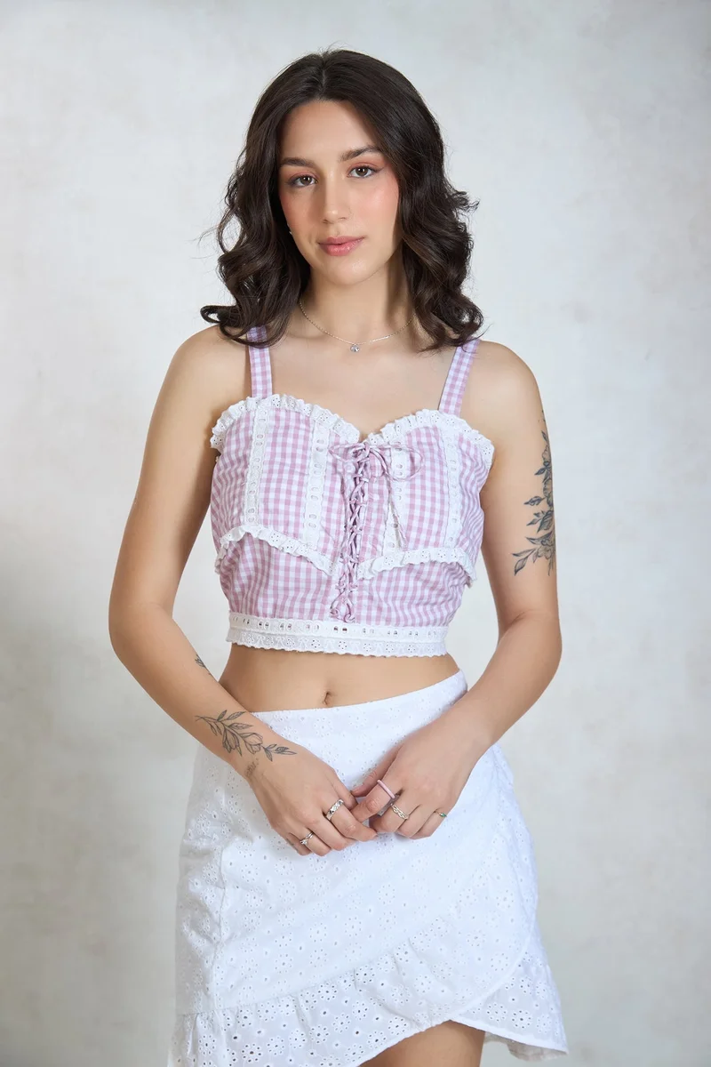 Virgio  VIRGIO 100% Cotton Gingham Tie Lace Detail Top for Women | Best Price UAE