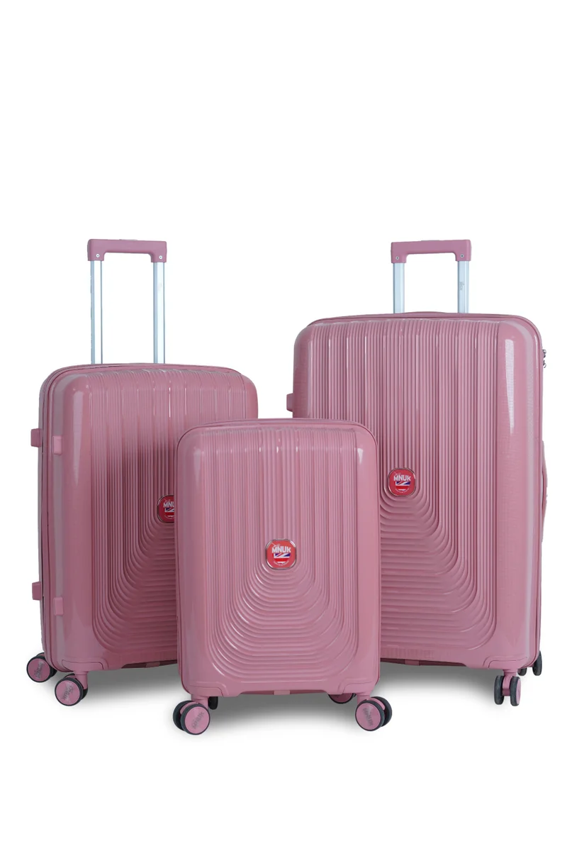 MNUK Viajero Stra Ordinario Set of 3 Luggage|Polypropylene (PP) Hardside Luggage Trolley|Double 360° 4 Wheeler| Cabin-20 Inch, Medium- 24 Inch, Large-28 Inch| Rose Gold