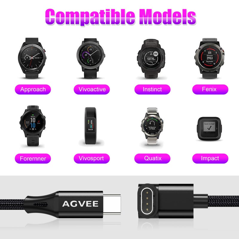 AGVEE 2 Pack 3.3ft Charger for Garmin Watch USB C, L-Shape Charging Cable for Fenix, Forerunner, Vivoactive, Instinct, Venu, Tactix, Approach, D2, Quatix Series, Right Angle Braided, Black - Image 5