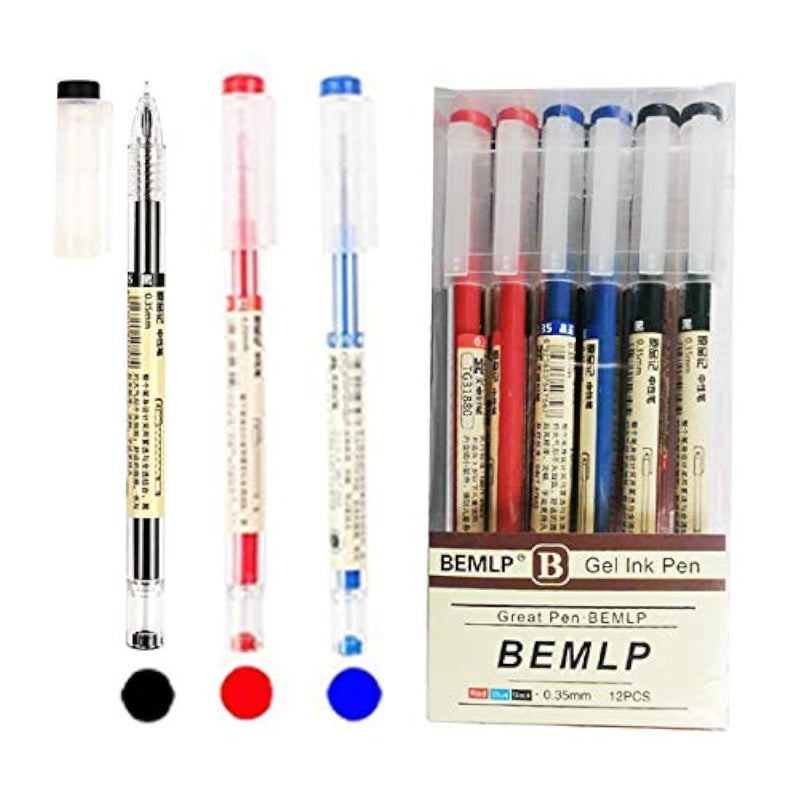 BEMLP Gel Ink Pen Extra fine point pens Ballpoint pen Liquid Ink Rollerball Pens 0.35mm Premium Quick Drying Pen for Japanese Office School Stationery Supply 12 Packs (4 Black 4 Blue 4 Red) - Image 1