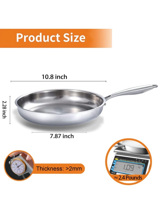 Full Clad Tri-Ply Stainless Steel Frying Pan 10 inch, All Stove Compatible Up to 600℉, Heavy Duty, Oven Safe Skillet, 18/10 Cooking Pan, Chef's Pan for Kitchen, Omelette Pan, Flat Bottom - Image 3