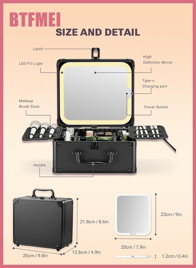 BTFMEI Professional LED Makeup Case with Detachable HD Mirror, 3-Color Touch Lighting, USB Rechargeable Large Capacity Cosmetic Organizer Box for Travel and Makeup Artists – Black - Image 3