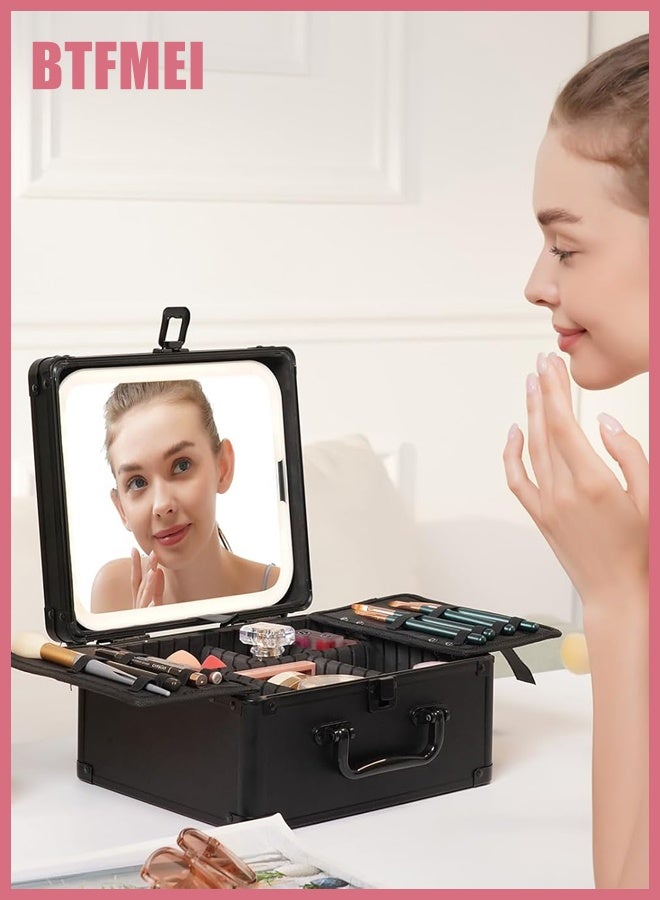 BTFMEI Professional LED Makeup Case with Detachable HD Mirror, 3-Color Touch Lighting, USB Rechargeable Large Capacity Cosmetic Organizer Box for Travel and Makeup Artists – Black - Image 5