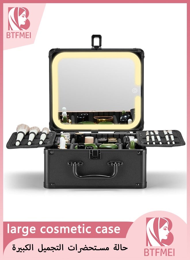 BTFMEI Professional LED Makeup Case with Detachable HD Mirror, 3-Color Touch Lighting, USB Rechargeable Large Capacity Cosmetic Organizer Box for Travel and Makeup Artists – Black - Image 1