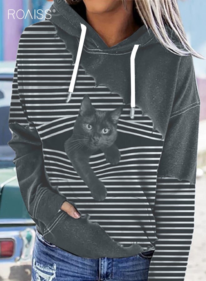 رويس سويت شيرت نسائي بغطاء رأس وطبعة قطط مخططة بألوان متعددة مقاس كبير بأكمام طويلة ورباط وغطاء للرأس مع جيوب أمامية، نسيج ناعم ممزوج بتصميم جرافيكي ملائم ومريح، مثالي للراحة اليومية والارتداء على طبقات أنيقة - Image 1