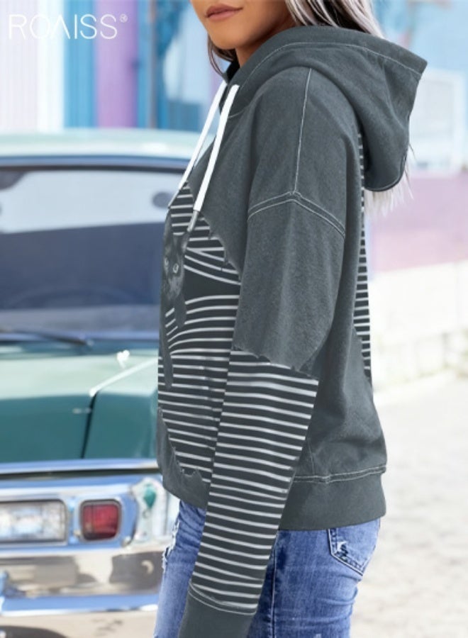 رويس سويت شيرت نسائي بغطاء رأس وطبعة قطط مخططة بألوان متعددة مقاس كبير بأكمام طويلة ورباط وغطاء للرأس مع جيوب أمامية، نسيج ناعم ممزوج بتصميم جرافيكي ملائم ومريح، مثالي للراحة اليومية والارتداء على طبقات أنيقة - Image 3