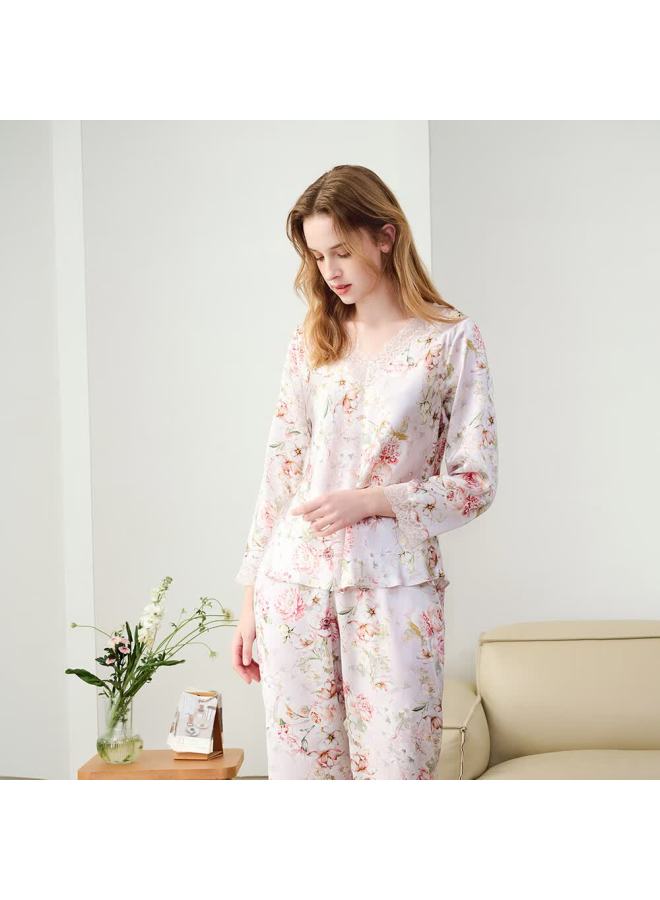 MEIBIAO American Standard Spring And Autumn 19 Momme Silk Pajamas For Women Long Sleeve 100% Mulberry Silk Homewear Gift For Mom Fragrant Purple XL - Image 1