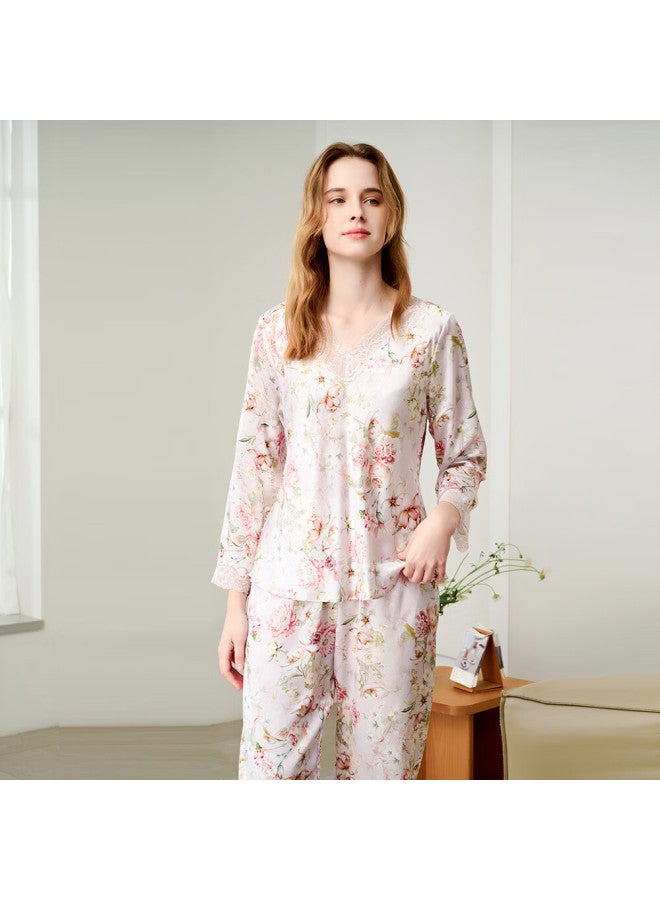 MEIBIAO American Standard Spring And Autumn 19 Momme Silk Pajamas For Women Long Sleeve 100% Mulberry Silk Homewear Gift For Mom Fragrant Purple XL - Image 2