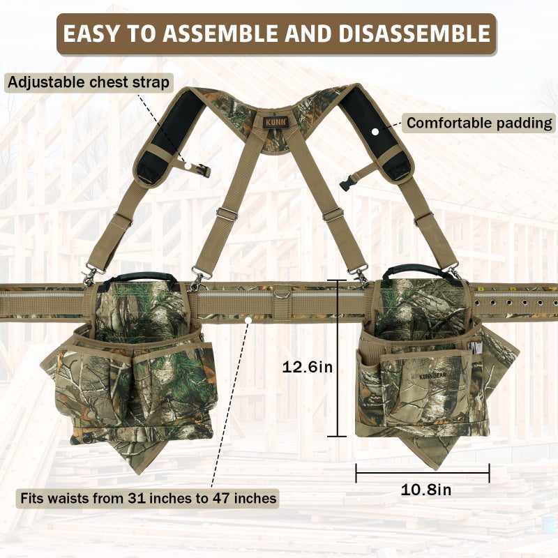 KUNN Professional Tool Belt with Suspenders for Men, Heavy Duty Framing Tool Belts with Detachable Padded Suspenders & Multi-Pocket Pouch for Carpenters, Construction, Electricians, Roofing,Camo - Image 4