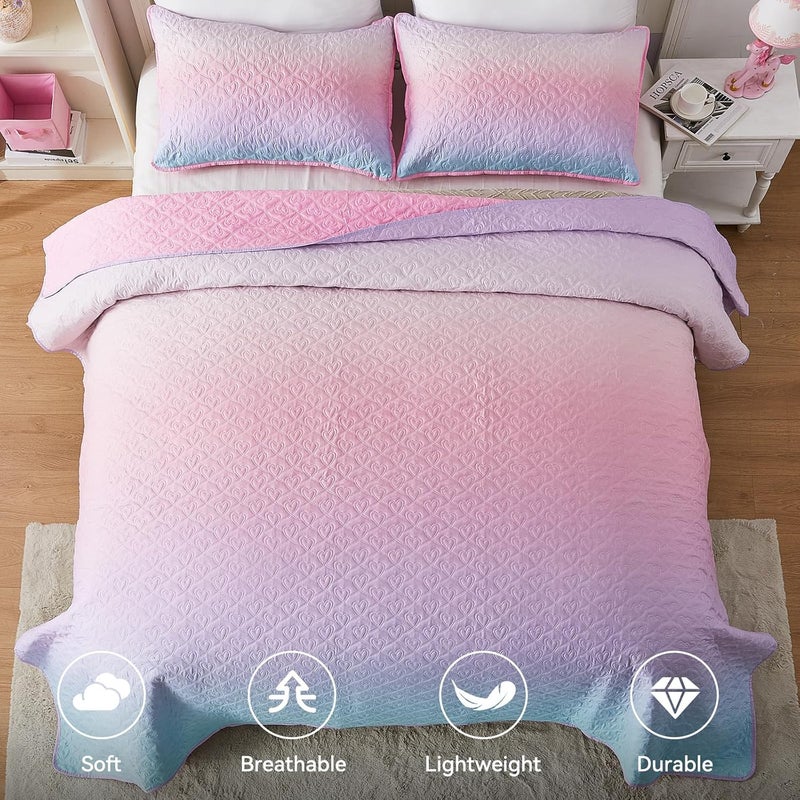 SUCHBED طقم لحاف وردي بحجم كوين للفتيات، غطاء سرير مزخرف على شكل قلب من قطعتين، طقم لحاف كوين خفيف الوزن وناعم قابل للعكس مع وسادة بتدرج أزرق-وردي - Image 3
