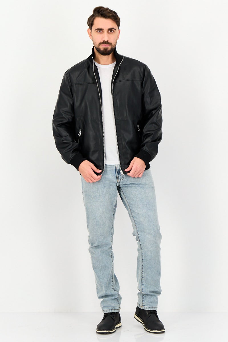 Celio Men Solid Long Sleeve Leather Jackets, Black - Image 2