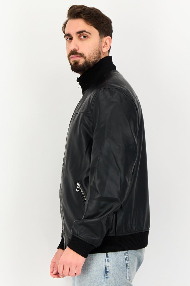 Celio Men Solid Long Sleeve Leather Jackets, Black - Image 4