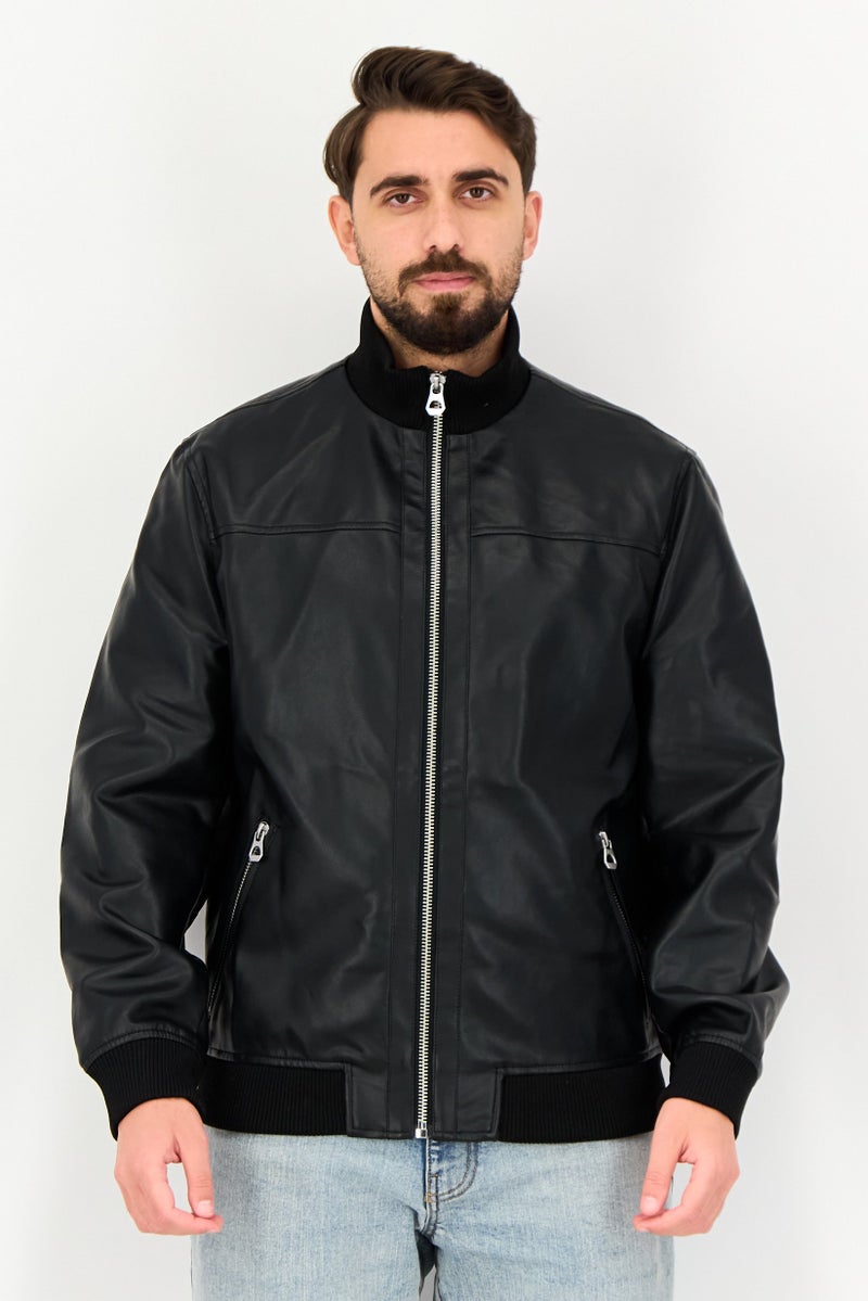 Celio Men Solid Long Sleeve Leather Jackets, Black - Image 1