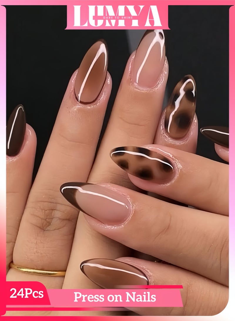 LUMYA 24 Pcs Short Almond Leopard Press on Nails, Glossy Full Cover Fake Nails, Acrylic Stick on Nails with Jelly Glue and Nail File, for Women Daily and Party Use (Brown Leopard) - Image 1