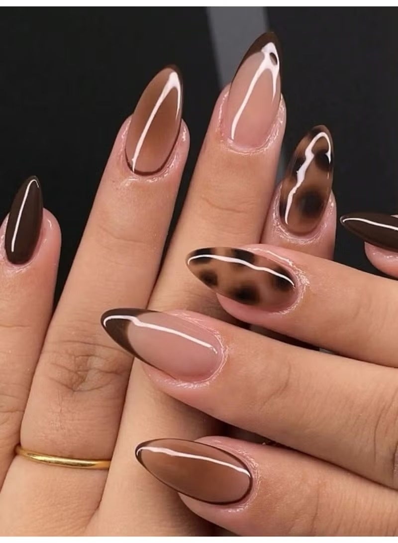 LUMYA 24 Pcs Short Almond Leopard Press on Nails, Glossy Full Cover Fake Nails, Acrylic Stick on Nails with Jelly Glue and Nail File, for Women Daily and Party Use (Brown Leopard) - Image 5