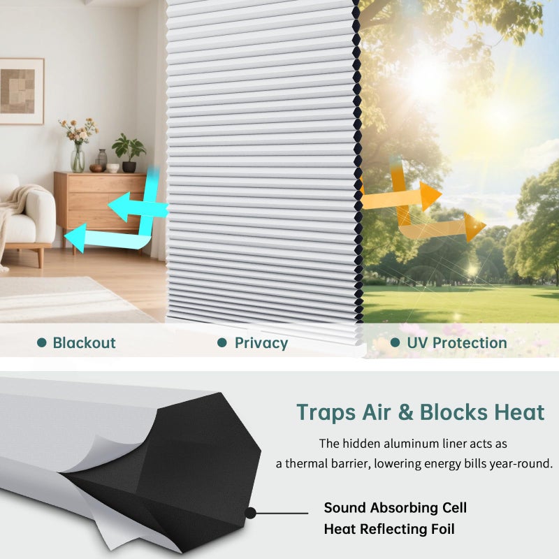 Changshade Top Down Bottom Up Blackout Cellular Shades, Cordless Honeycomb Blinds for Windows, Light Blocking & Total Privacy for Day Sleepers,White,27" W*50" H - Image 5