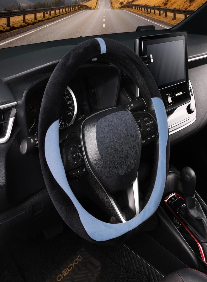 COFIT Furry Car Steering Wheel Cover, Universal Winter Steering Wheel Cover, Non-Slip Steering Wheel Cover with Central Marking Car Accessories, M 37-38 cm, Black and Blue - Image 1