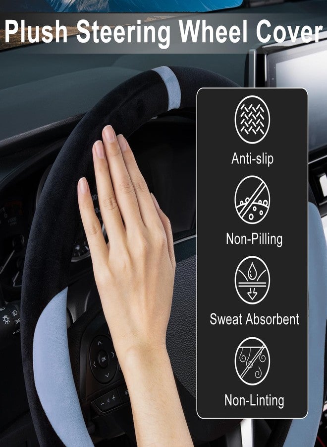 COFIT Furry Car Steering Wheel Cover, Universal Winter Steering Wheel Cover, Non-Slip Steering Wheel Cover with Central Marking Car Accessories, M 37-38 cm, Black and Blue - Image 5
