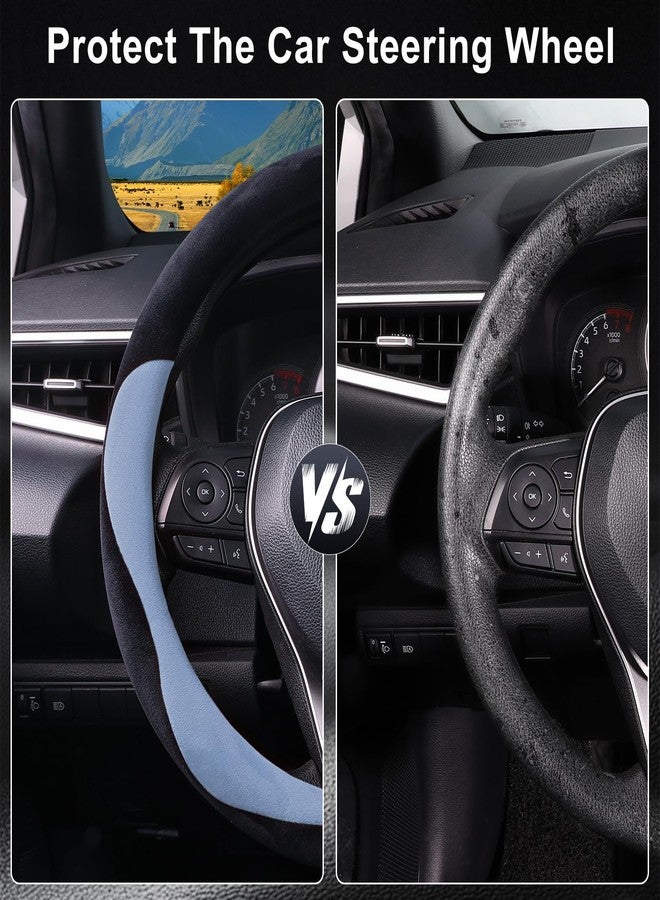 COFIT Furry Car Steering Wheel Cover, Universal Winter Steering Wheel Cover, Non-Slip Steering Wheel Cover with Central Marking Car Accessories, M 37-38 cm, Black and Blue - Image 3