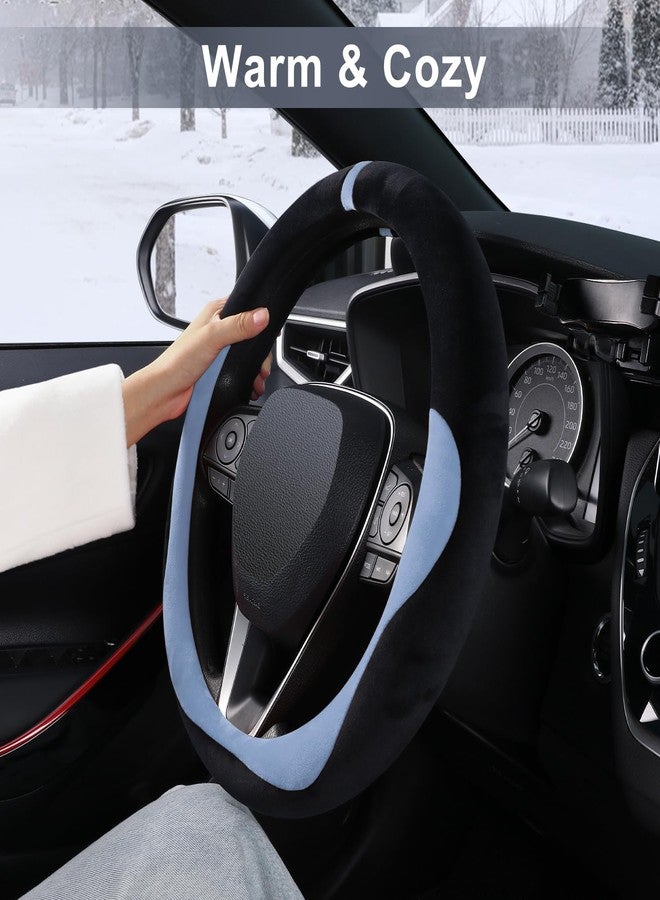 COFIT Furry Car Steering Wheel Cover, Universal Winter Steering Wheel Cover, Non-Slip Steering Wheel Cover with Central Marking Car Accessories, M 37-38 cm, Black and Blue - Image 2