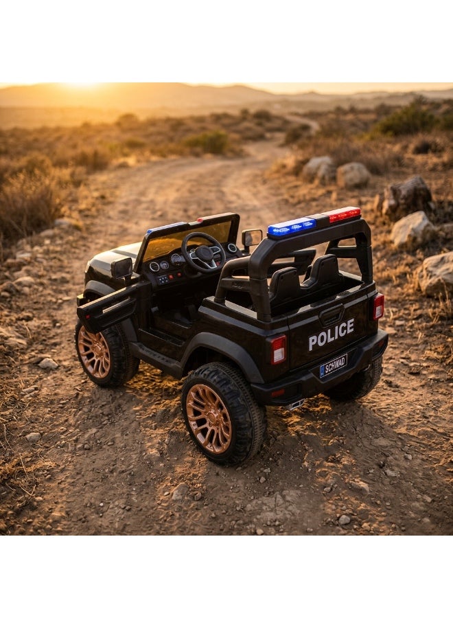 StarKids Electric police car for kids with a 12V battery system and two drive motors, equipped with a remote control and vibration feature, along with integrated sound and light effects for a realistic driving adventure. - Image 3