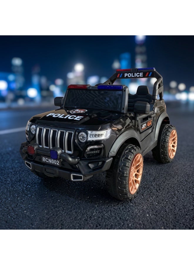 StarKids Electric police car for kids with a 12V battery system and two drive motors, equipped with a remote control and vibration feature, along with integrated sound and light effects for a realistic driving adventure. - Image 1