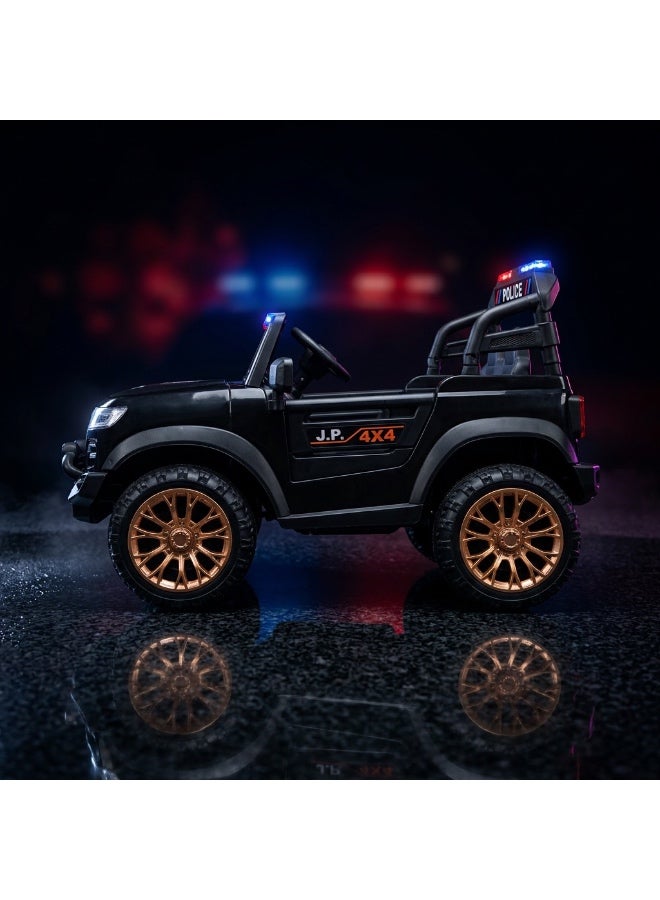 StarKids Electric police car for kids with a 12V battery system and two drive motors, equipped with a remote control and vibration feature, along with integrated sound and light effects for a realistic driving adventure. - Image 2