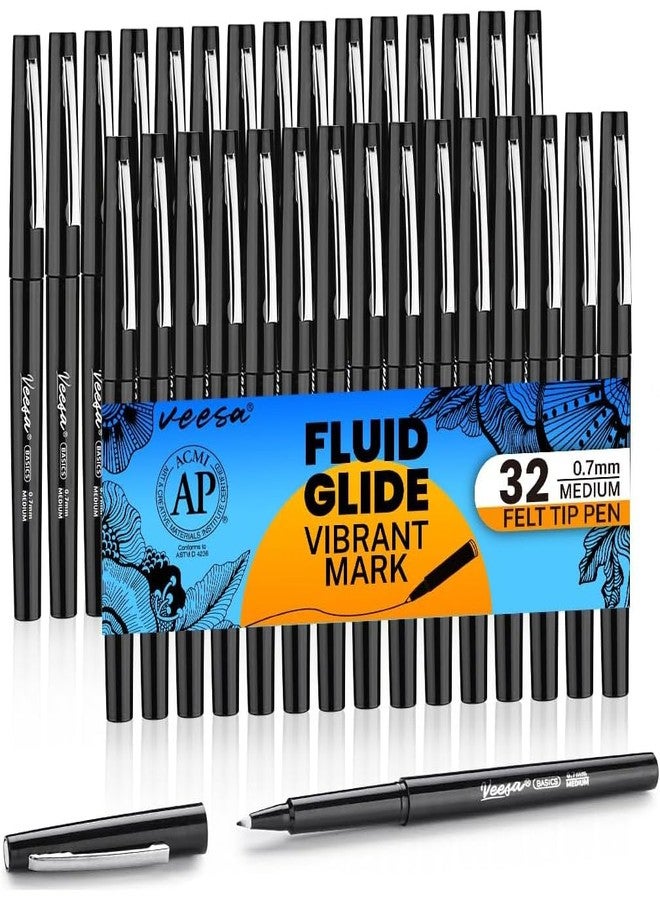 VEESA Felt Tip Pens, 32 Pack, Black, Medium Point (0.7mm), Felt Tip Markers for Writing, Journal, Planner Coloring, Note Taking - Image 1