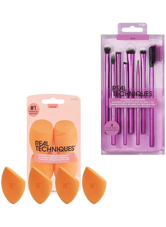 REAL TECHNIQUES Eyeshadow Brush Set, Makeup with Gel Eyeliner Flat Eye and Eyelash Brushes, Purple with Miracle Complexion Sponge (Pack Of 4) Multicolour - Image 1