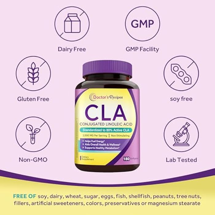Doctor's Recipes CLA Supplements 2000mg,180 Softgels, 80% Conjugated Linoleic Acid from Safflower Oil, for Women & Men, Non-Stimulating, Support Healthy Metabolism & Lean Mass, Non-GMO - Image 5