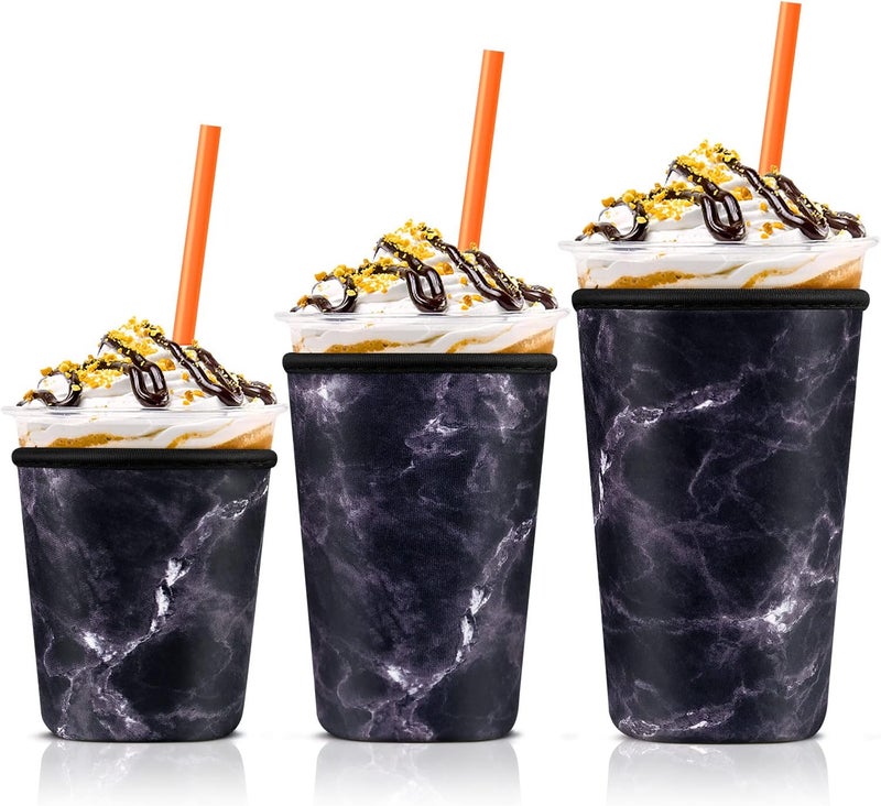 كي بي اكس Iced Coffee Cup Sleeve for Large Sized Cups, Reusable Neoprene Iced Coffee Cup Holder for Hot Cold Drinks, Compatible with Starbucks, Dunkin Donuts, and More (Black Marble) - Image 1