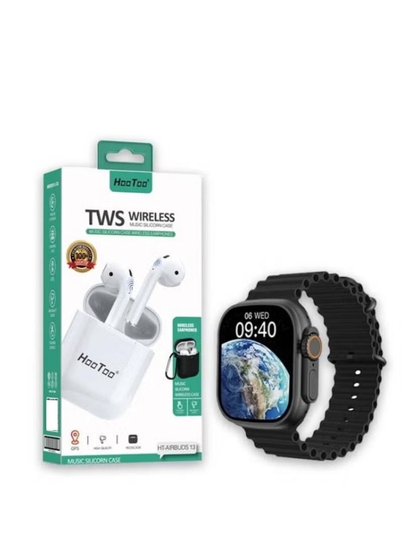 HooToo The best offer smartwatch Ultra GPS and 49mm aluminum Case With Ocean Band Midnight + with Bluetooth Wireless Headphone HT AIRBUDS 13 In-Ear Headset - Image 2