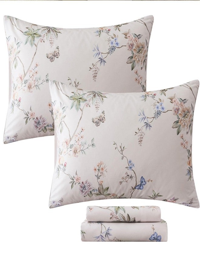 FADFAY Queen Size Sheets Set - 4 Pieces Percale Cotton Deep Pocket Fitted Sheet, Crisp, Breathable & Soft, Country Style Floral & Butterfly Pattern Bedding for All Seasons - Image 1