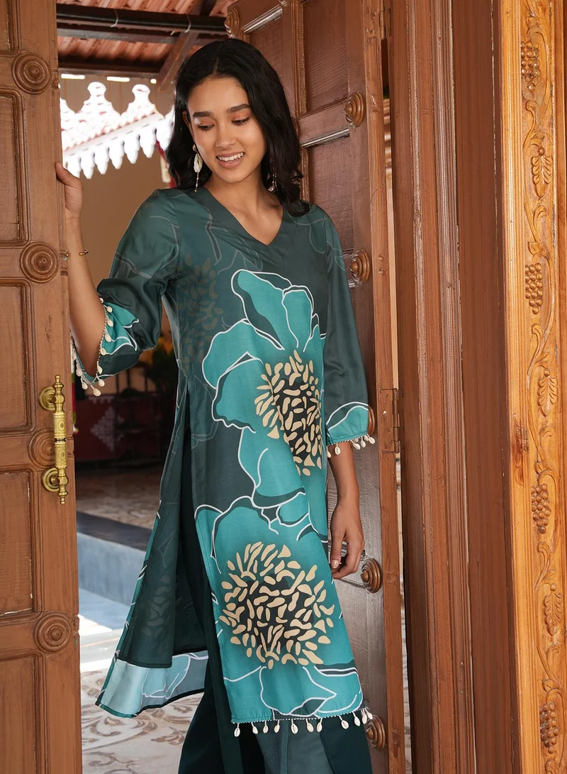 QISSA Women's Sacramento Green Grandiflora Imprint Kurta Set