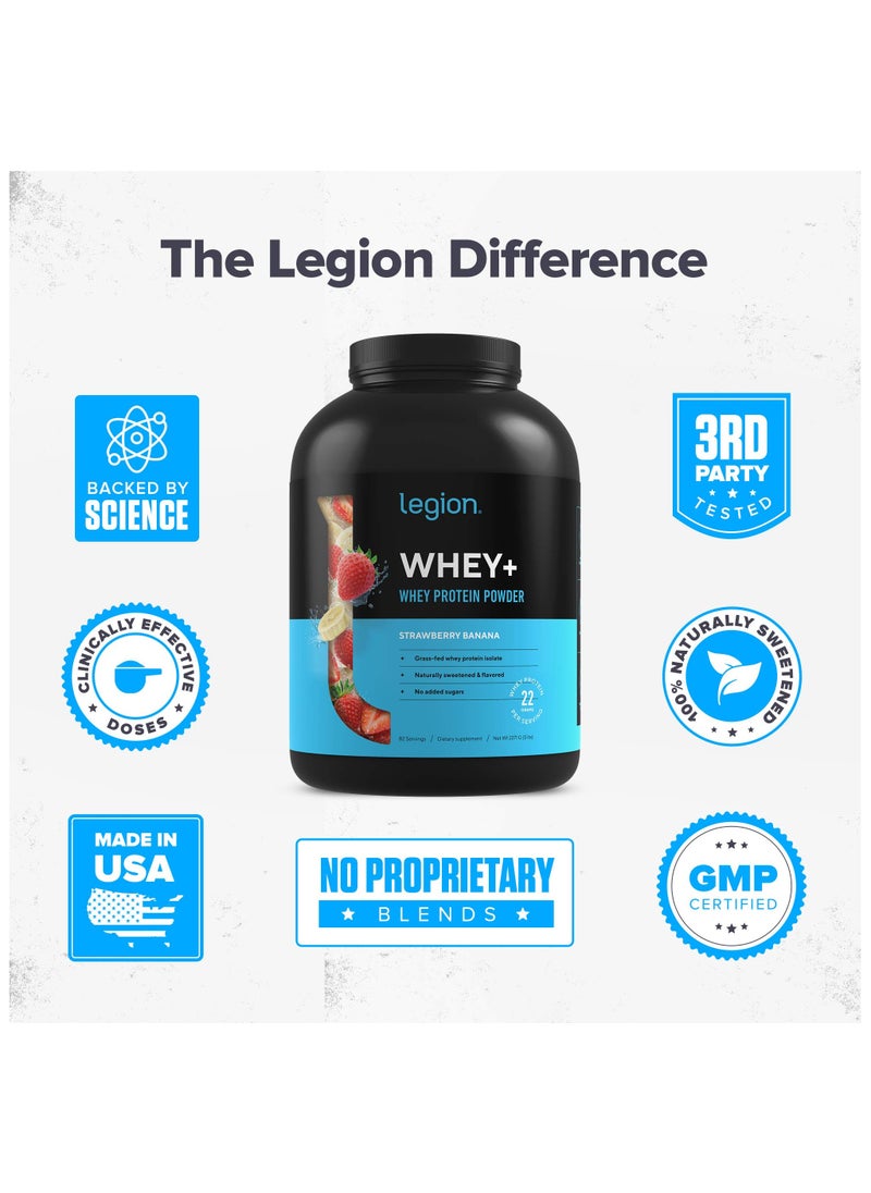 Legion Athletics - Whey+ Whey Protein Powder, Grass Fed Whey Protein Isolate, Naturally Sweetened and Flavored, No Added Sugars, 22 grams Per Serving, 2267.96grams, 83 Servings - Strawberry Banana - Image 1