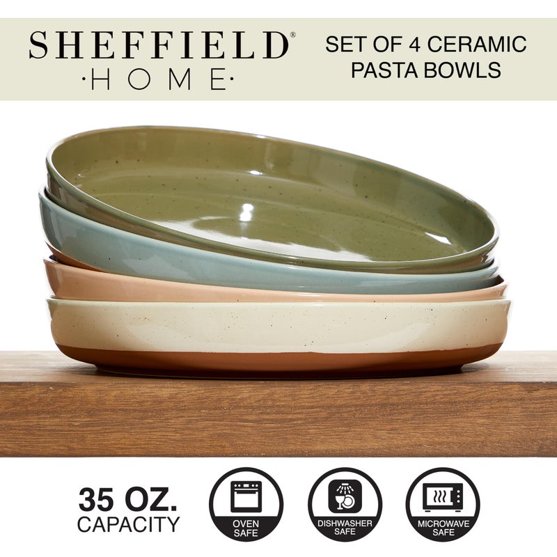 Sheffield Home Stoneware Pasta Bowls Set of 4 - 35oz Flat Salad Bowl & Plates for Dinner, Microwave, Oven & Dishwasher Safe - Durable for Everyday Use and Special Occasions - Assorted Neutrals - Image 3