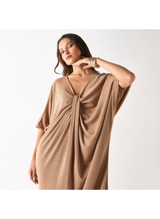 Iconic Iconic Textured Kaftan Dress with V-neck and Drape Detail - Image 2
