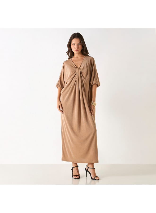 Iconic Iconic Textured Kaftan Dress with V-neck and Drape Detail - Image 1