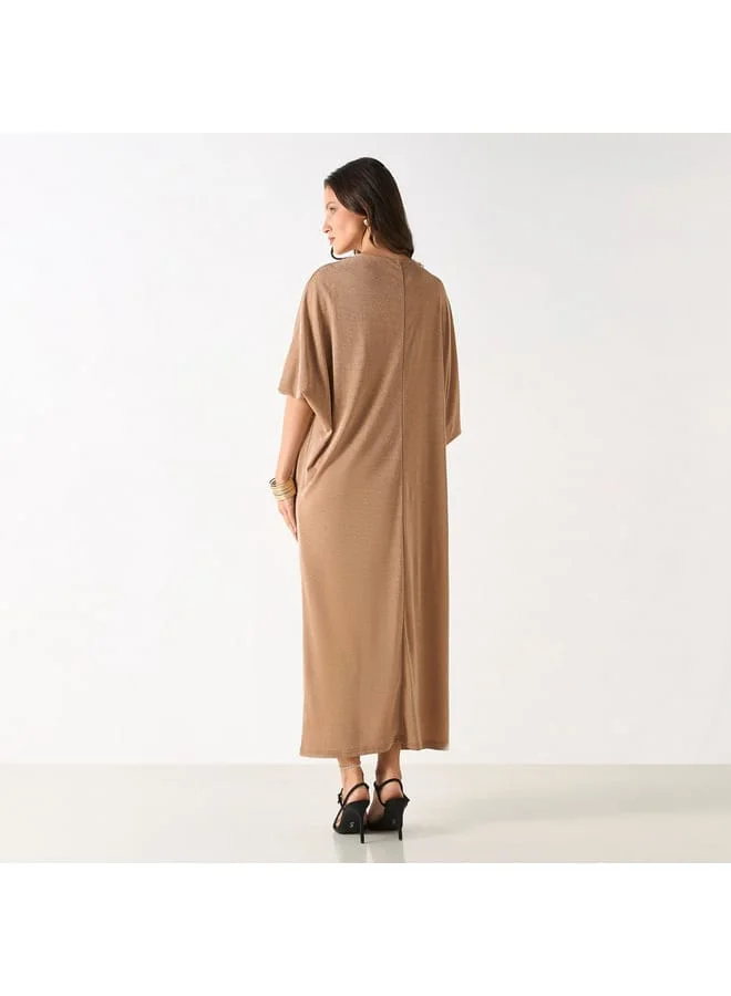 Iconic Iconic Textured Kaftan Dress with V-neck and Drape Detail