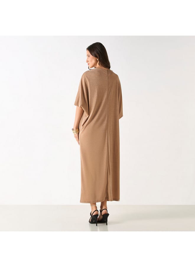 Iconic Iconic Textured Kaftan Dress with V-neck and Drape Detail - Image 3