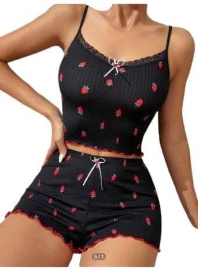 هنادى بيجامة نسائية هوت شورت  خامة ريب قطن مضلع تصميم صيفي مريح وان سايز يناسب حتى 80 كيلو مثالي للنوم والبيت Hn 1049 - Image 1