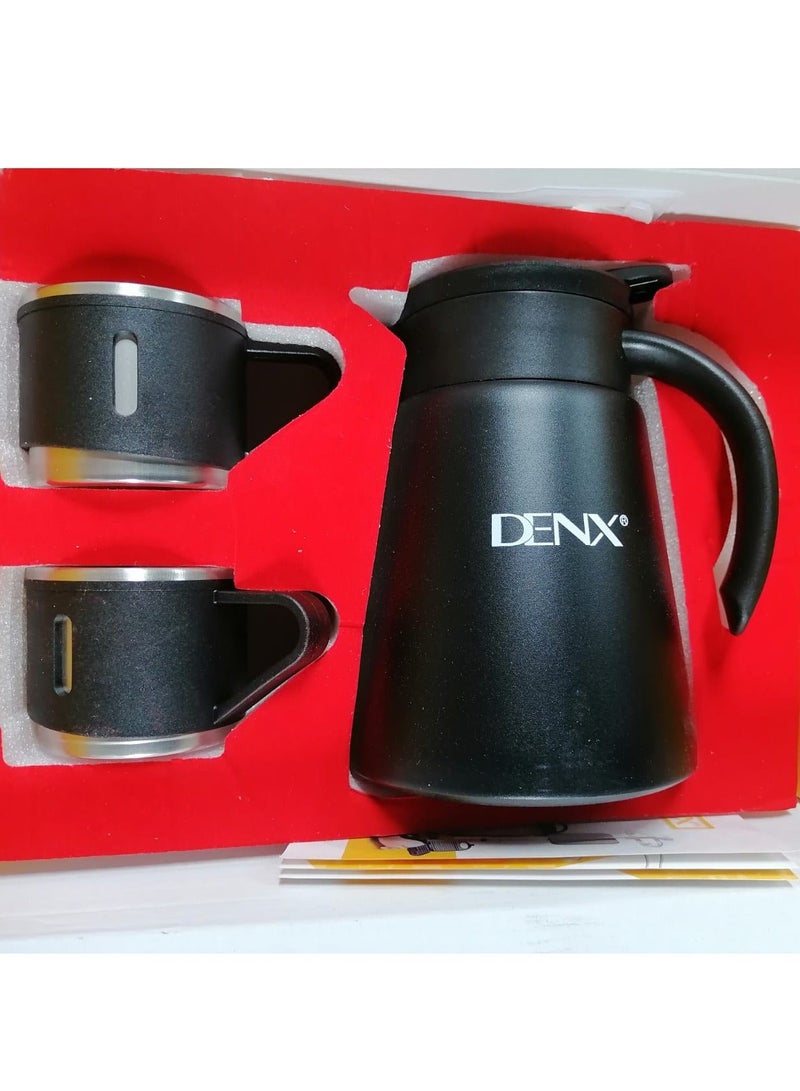 Denx Thermos for coffee and tea, with a capacity of 880 ml, equipped with two additional cups for serving, black color - Image 1