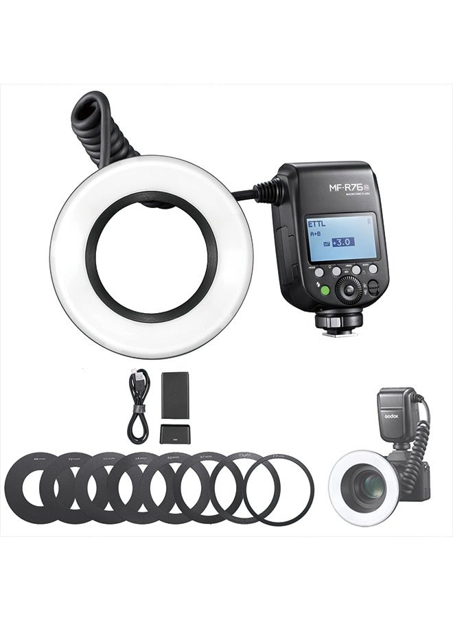 Godox GODOX MF-R76 Macro LED Ring Flash Speedlite 76Ws 660 Full-Power Flashes Dual-Flash Tubes Power Adjustment 1/128 to 1/1 10 Levels of Power Ratio for Canon Nikon Sony Fuji Olympus Panasonic DSLR Cameras  - Image 1