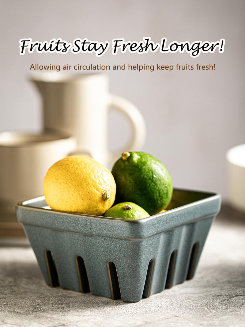 Gomakren Fruit Basket for Kitchen, Fruit Bowl with Holes, Ceramic Berry Basket Set of 2, 5.7 Inch Square Berry Containers for Fridge, Table, Modern Kitchen Decor, Slate Blue - Image 4