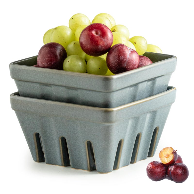 Gomakren Fruit Basket for Kitchen, Fruit Bowl with Holes, Ceramic Berry Basket Set of 2, 5.7 Inch Square Berry Containers for Fridge, Table, Modern Kitchen Decor, Slate Blue - Image 1
