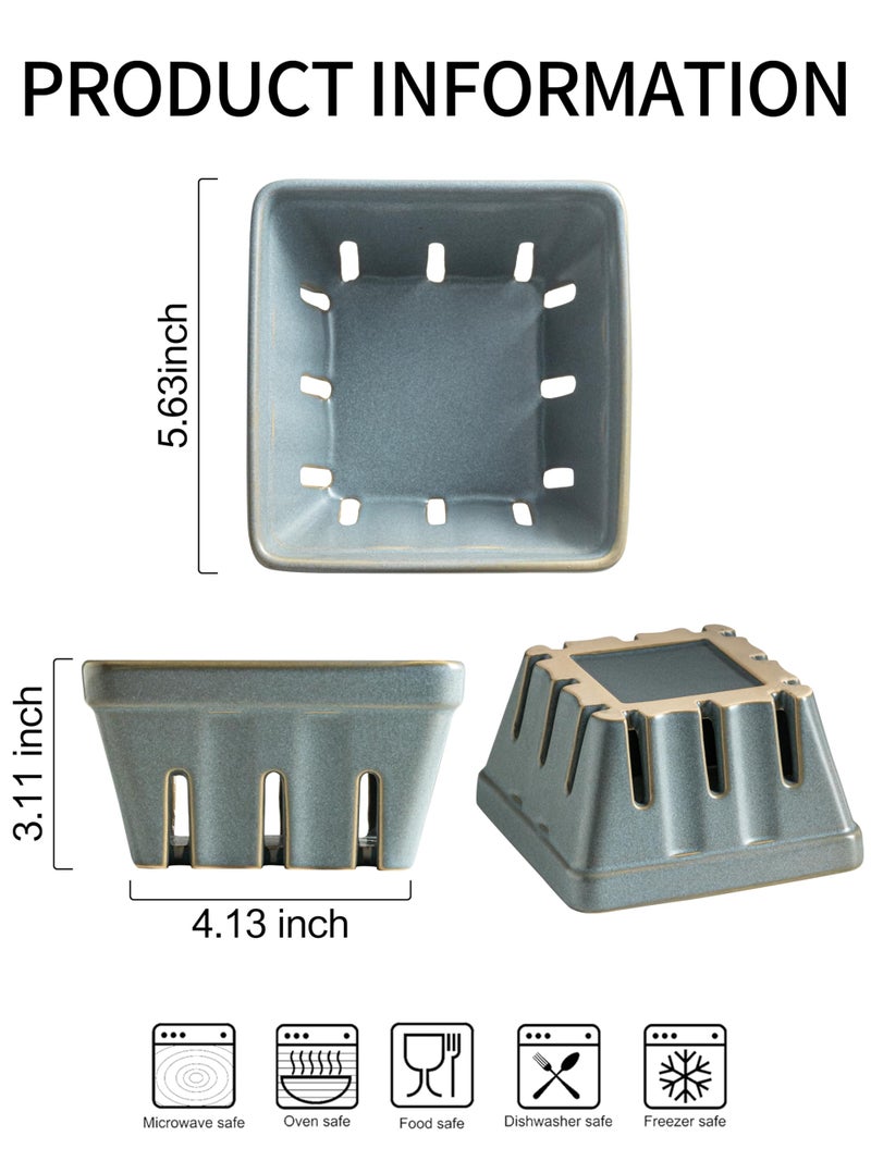Gomakren Fruit Basket for Kitchen, Fruit Bowl with Holes, Ceramic Berry Basket Set of 2, 5.7 Inch Square Berry Containers for Fridge, Table, Modern Kitchen Decor, Slate Blue - Image 2